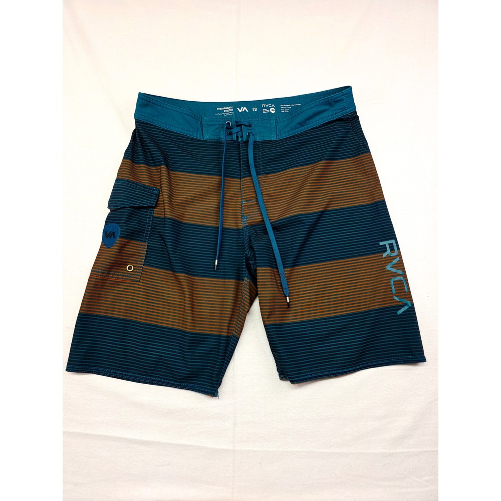 RVCA Board Shorts Men's 33 Teal Brown Striped Performance Stretch Swim Trunks